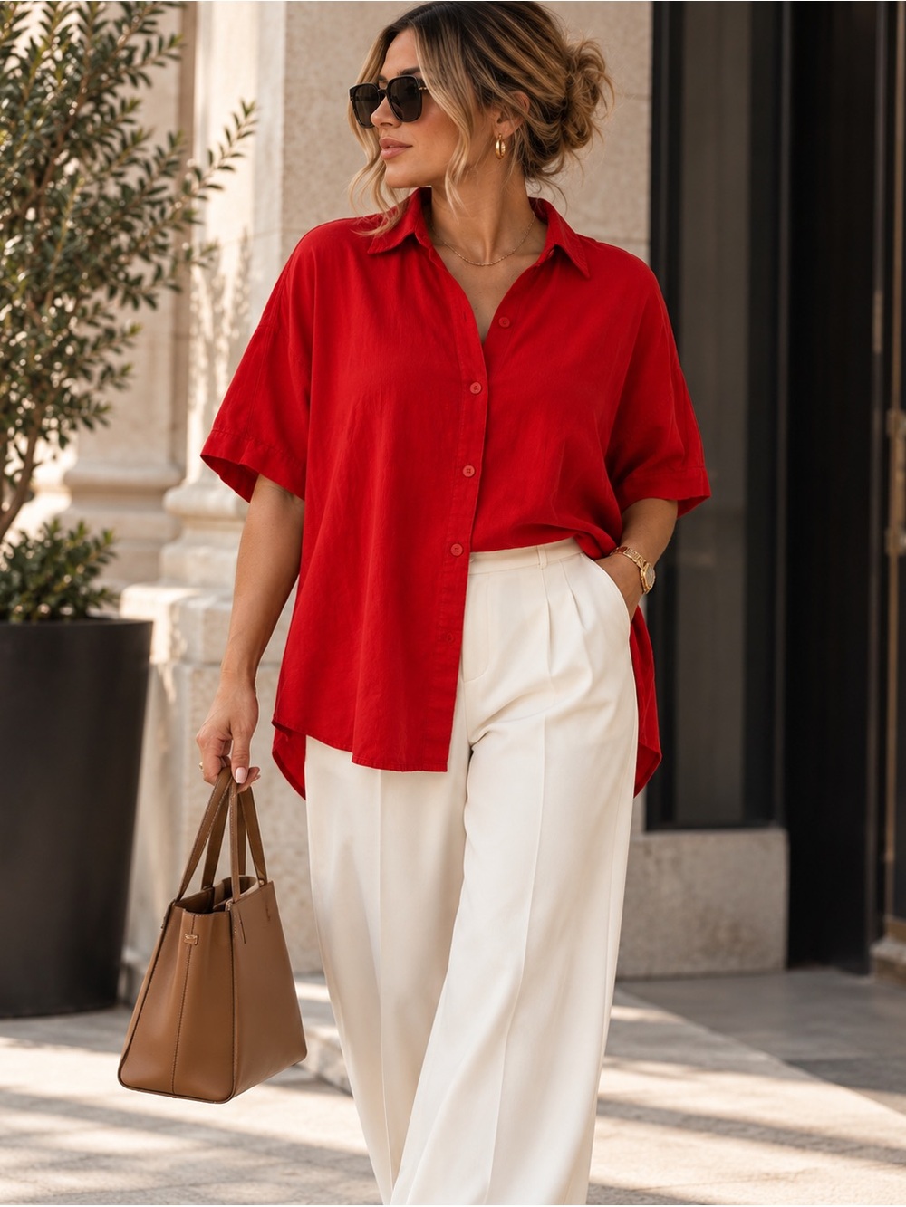 Max Studio London Red Oversized Button Down Shirt Blouse Size Small